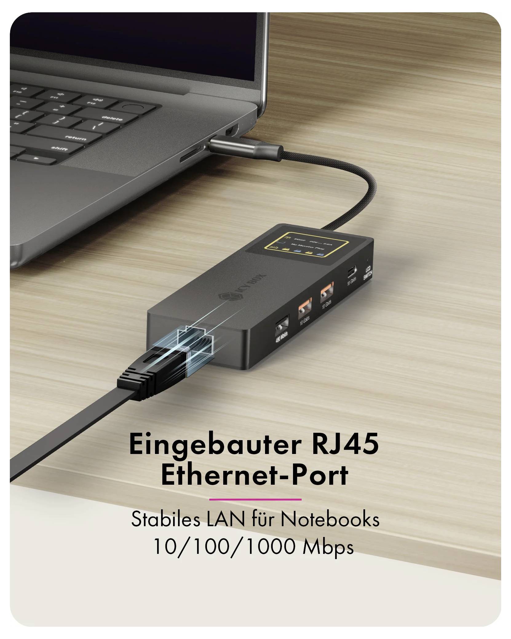 Werbebild eines USB-C-Hubs, der einen Laptop lädt, mit der Beschriftung „PD 100 W upstream