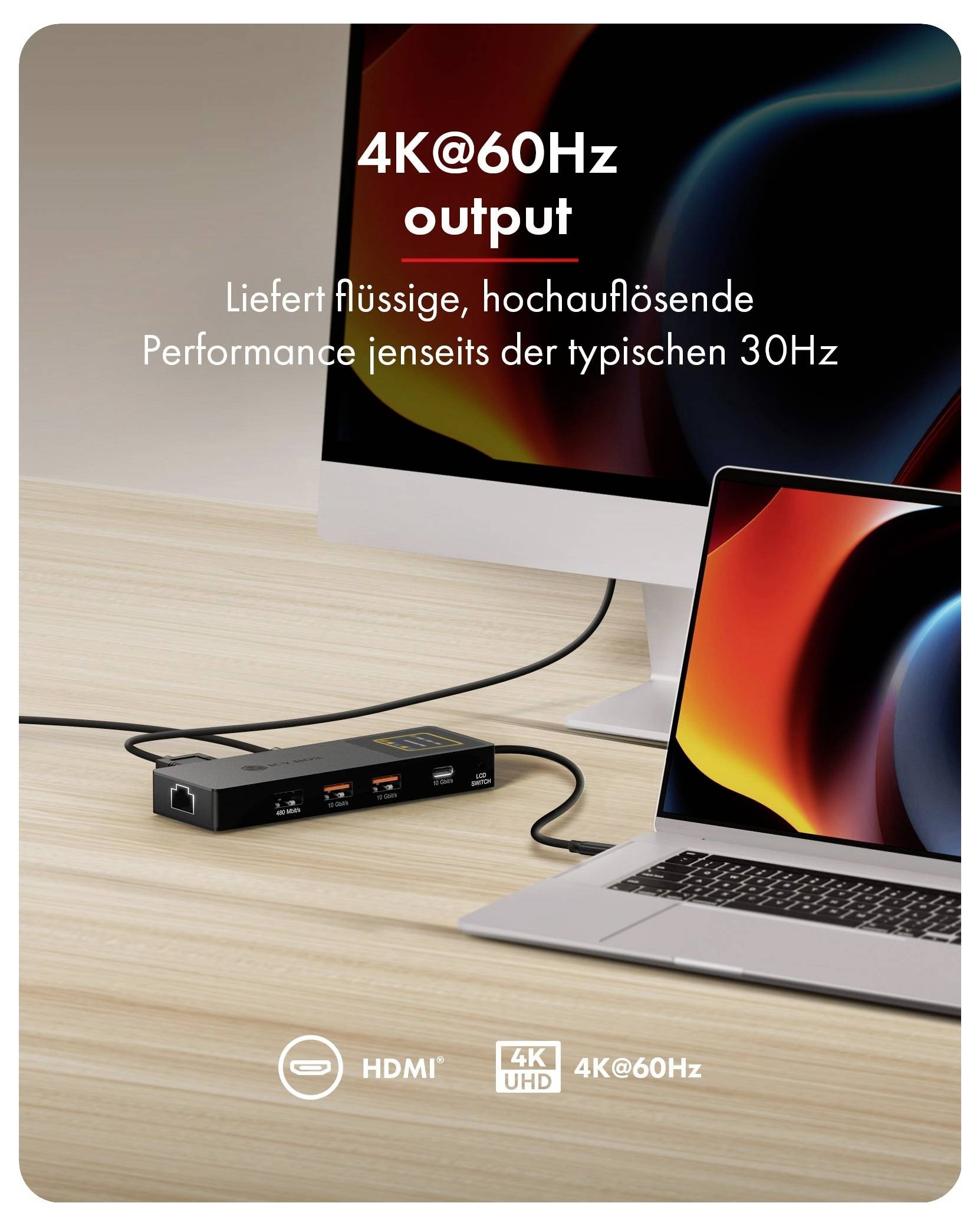 HDMI-Dockingstation verbunden mit einem Laptop und Monitor, wirbt für „4K@60Hz-Ausgabe