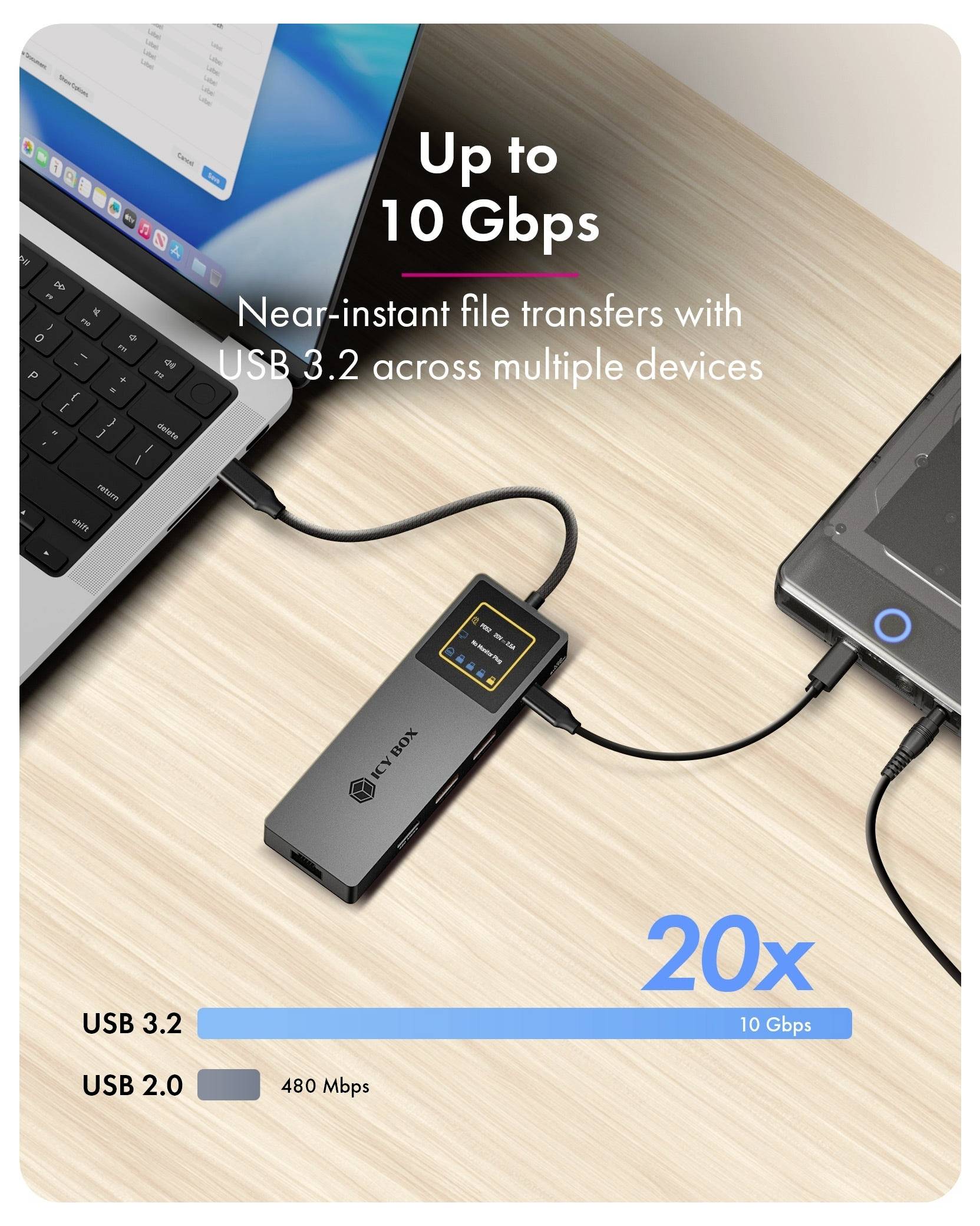Tragbare Powerbank mit intelligentem LCD-Display, das die Echtzeit-Stromnutzung anzeigt, hervorgehoben durch einen Finger, der auf die Seitentaste tippt.