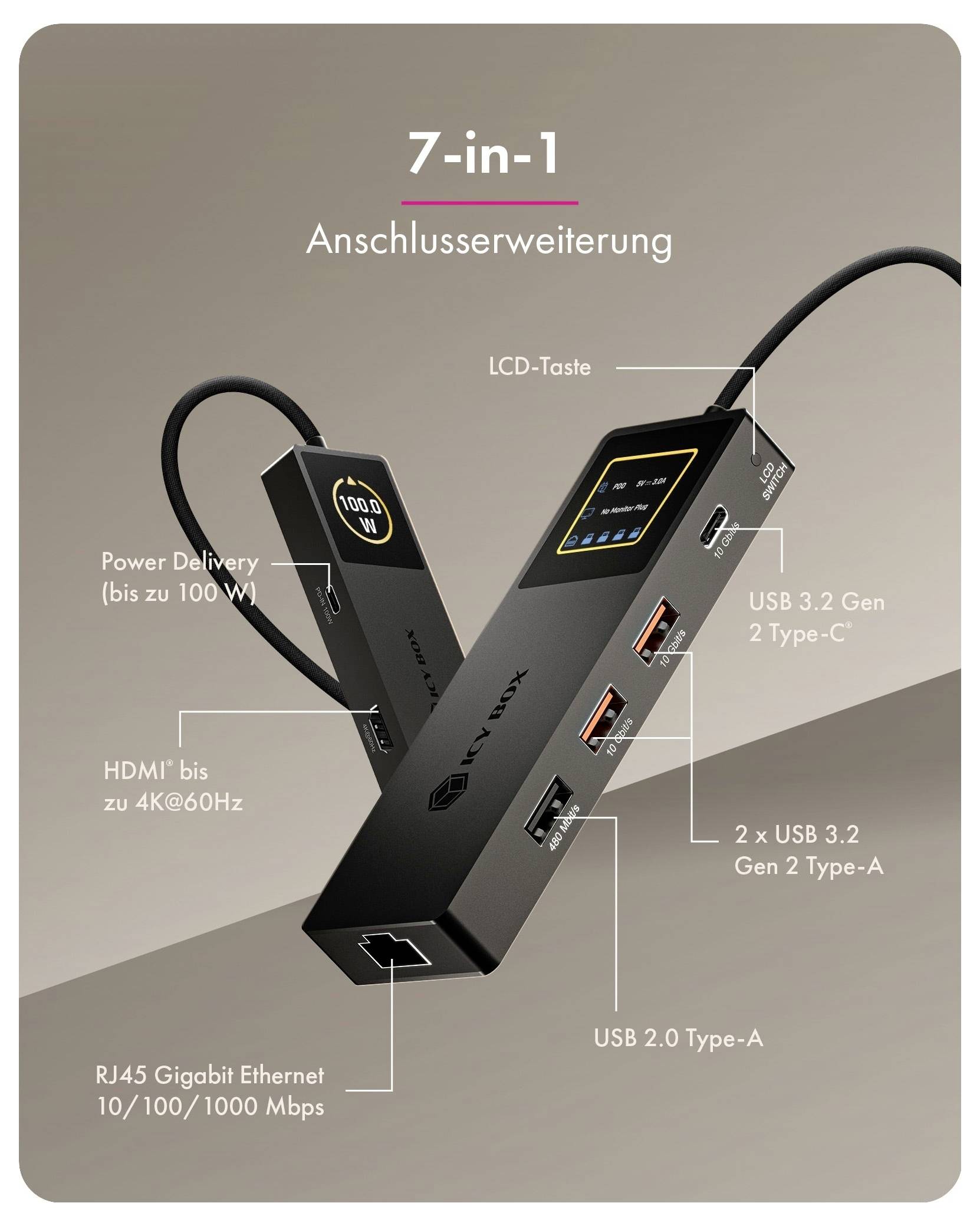 Laptop mit einem USB-Hub mit RJ45-Ethernet-Anschluss verbunden; der deutsche Text besagt „Eingebauter RJ45 Ethernet-Port