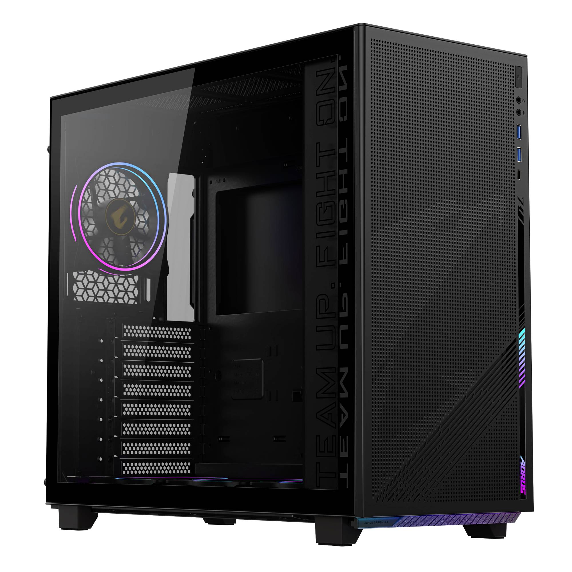 Schwarzer Gaming-PC-Tower mit gehärtetem Glasseitenpanel, RGB-Lüfter hinten und perforiertem Frontgitter mit blau-violetter Akzentbeleuchtung.