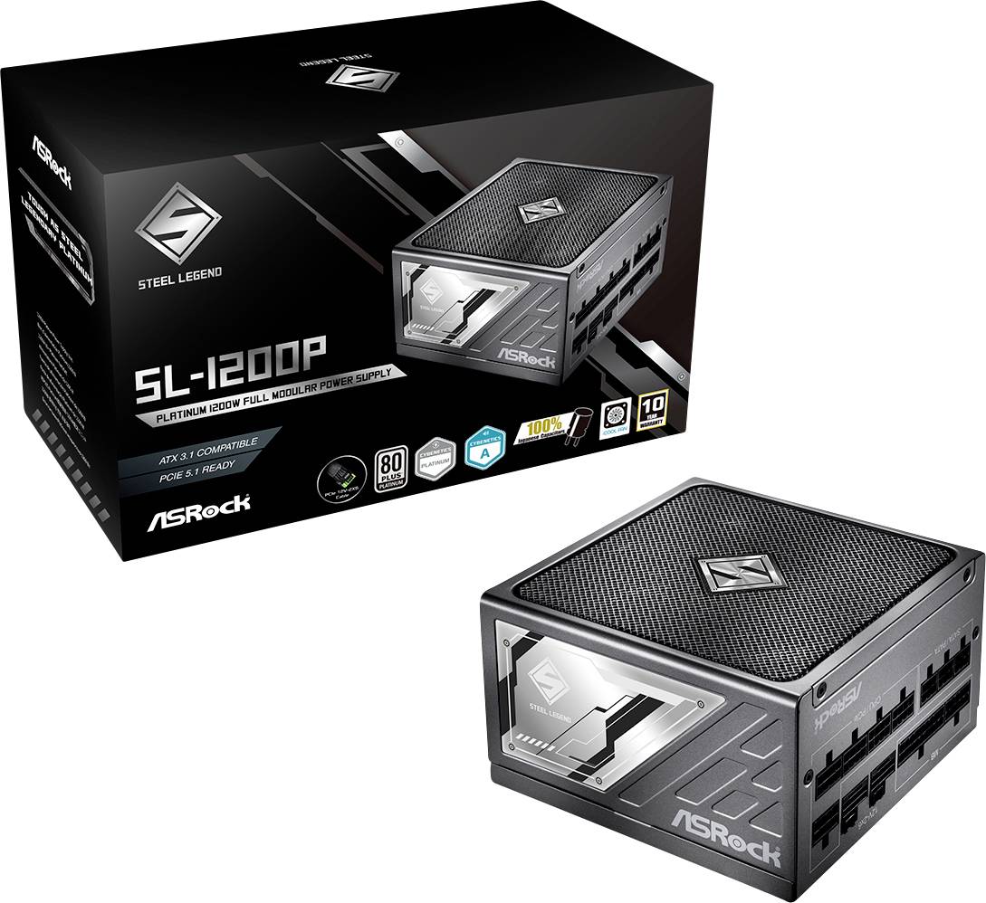 ASRock Steel Legend SL-1000 modulares Netzteil, dargestellt mit seiner Einzelhandelsverpackung und dem Gerät, schwarz mit silbernen Akzenten.