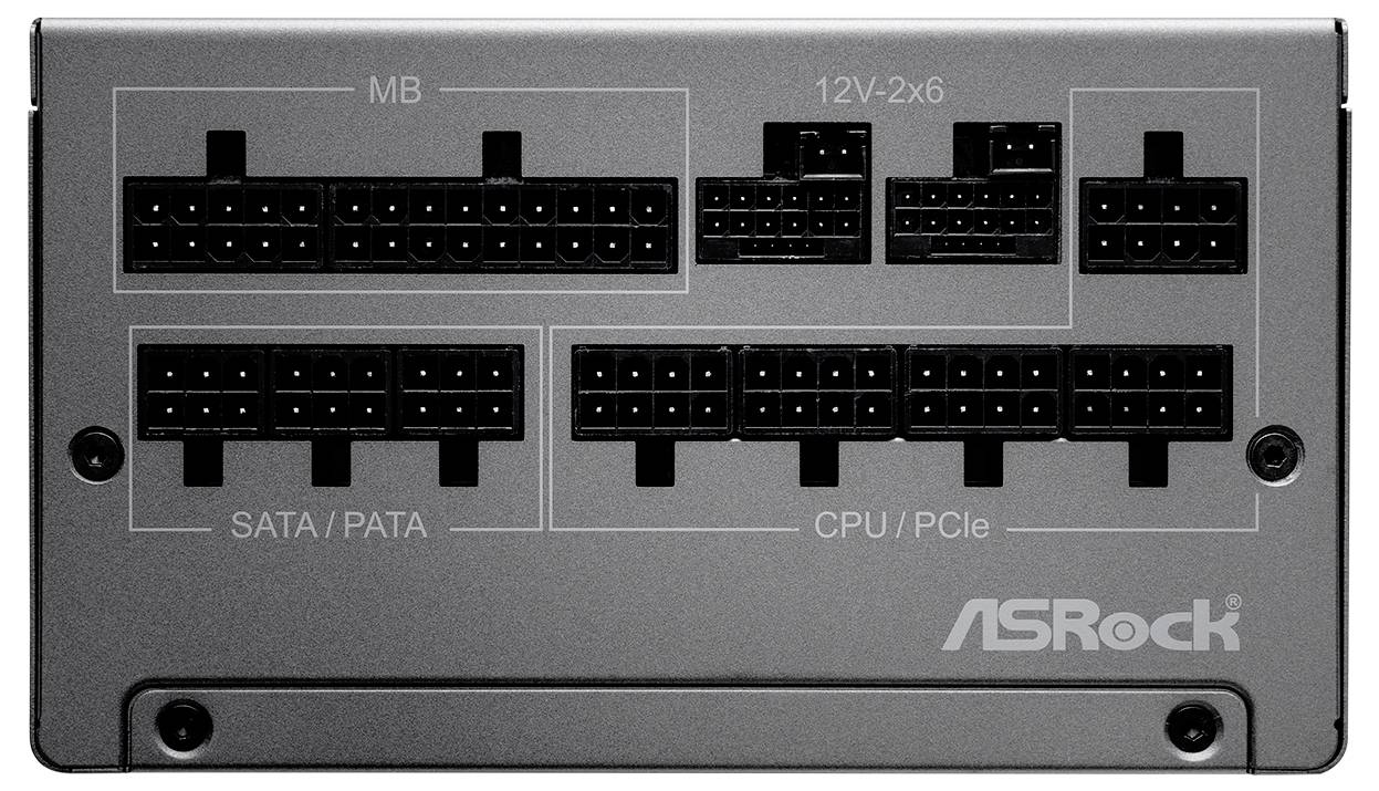 ASRock modulares Netzteilpanel mit beschrifteten Anschlüssen für MB, SATA/PATA, CPU/PCIe und 12V-2x6-Kabelverbindungen.