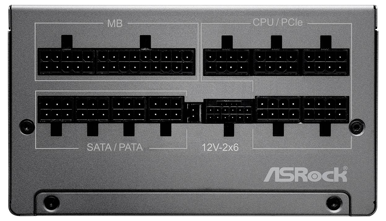 ASRock modulares Netzteilpanel mit gekennzeichneten Anschlussports für MB, CPU/PCIe, SATA/PATA und 12V-2x6-Stecker.