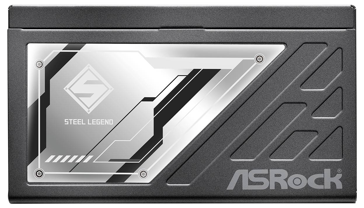 ASRock Steel Legend Speicherlaufwerk-Abdeckung mit silbernem und schwarzem geometrischem Design und sichtbarem ASRock-Logo
