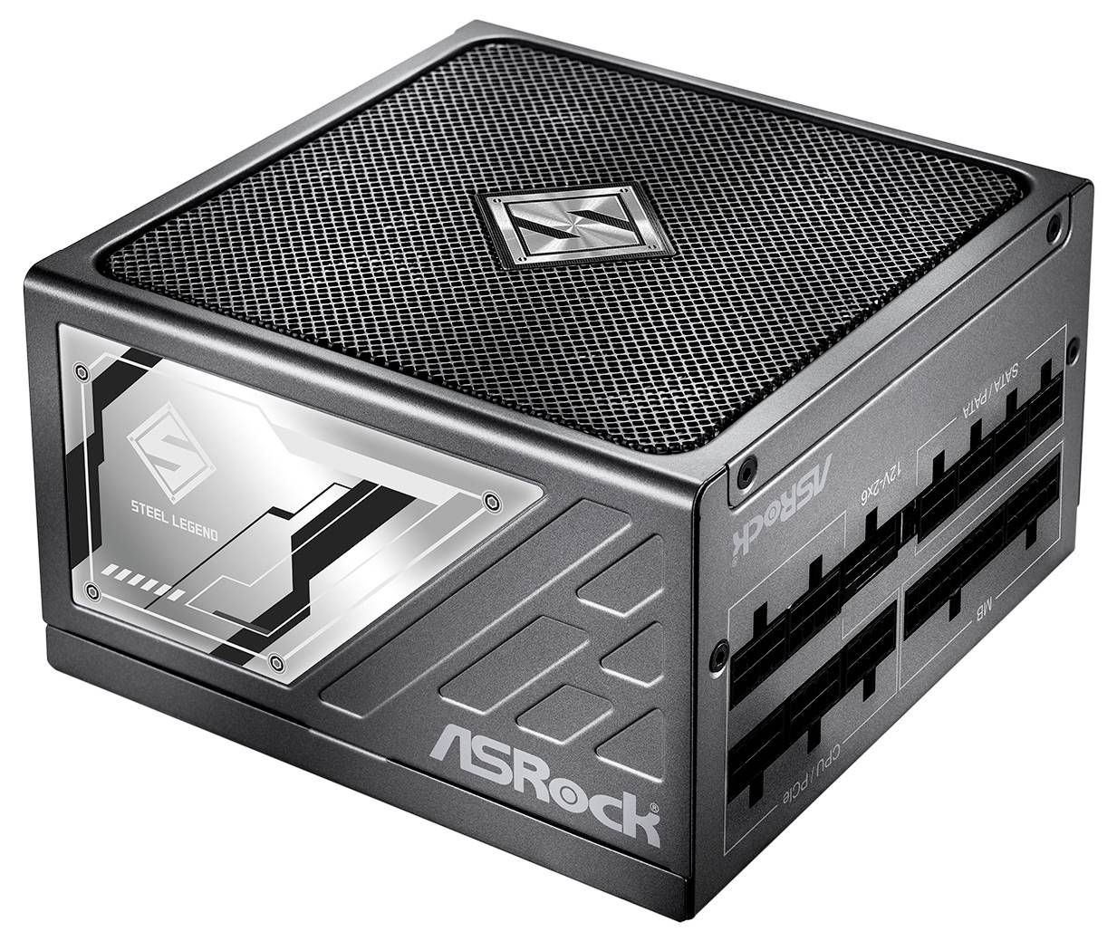 Kompakte ASRock Steel Legend PC-Stromversorgungseinheit in einem schwarzen, kastenförmigen Gehäuse mit perforierter Oberseite und modularen Kabelanschlüssen.