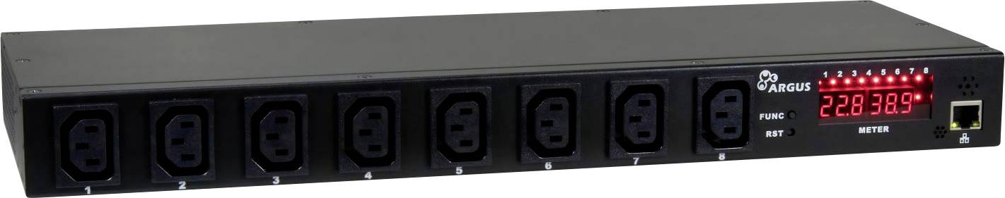 Vorderansicht einer Argus-Rack-Stromverteilungseinheit mit acht Steckdosen und einem roten digitalen Messdisplay, das auf der rechten Seite 228.389 anzeigt.