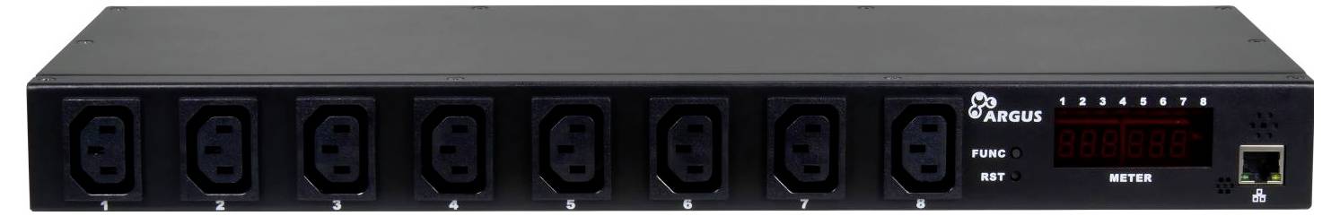 Argus-Stromverteilungsgerät mit sieben IEC-Steckdosen, einem digitalen Messdisplay, Status-LEDs und einem Ethernet-Anschluss auf der rechten Seite.