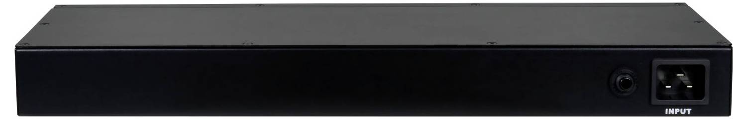 Schwarzes rechteckiges Geräte-Frontpanel mit einem runden Anschluss und einer quadratischen Eingangsbuchse auf der rechten Seite, beschriftet mit INPUT.