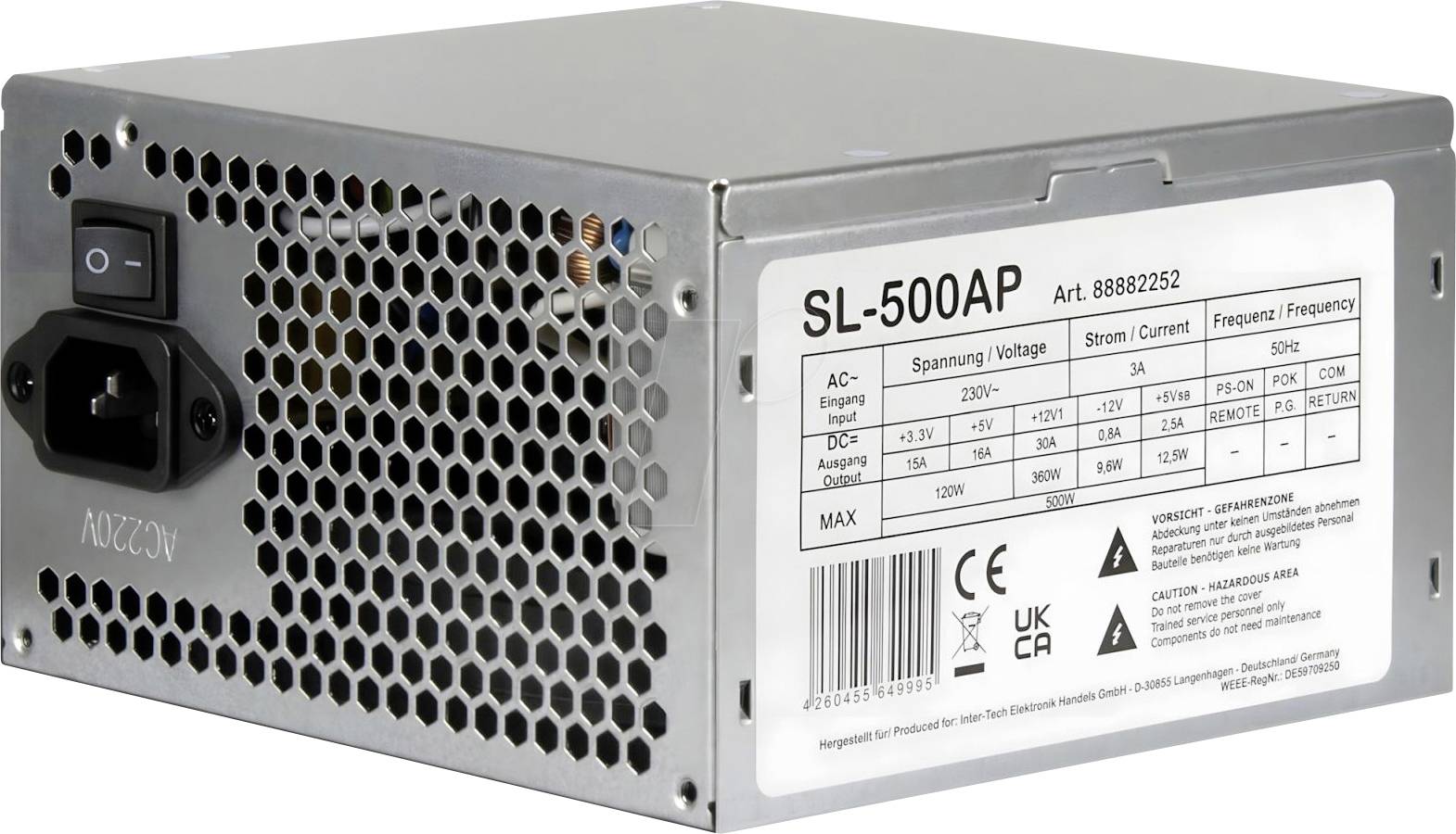 Metallisches Computer-Netzteil mit Kühlgitter, Ein-/Ausschalter, AC-Eingang und Etikett mit der Aufschrift „SL-500AP