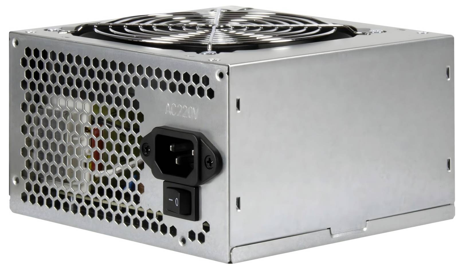 Metallisches Stromversorgungsgerät für Computer mit Kühlventilator, belüfteter Gitterabdeckung und Stromeingangsschalter auf der Rückseite.