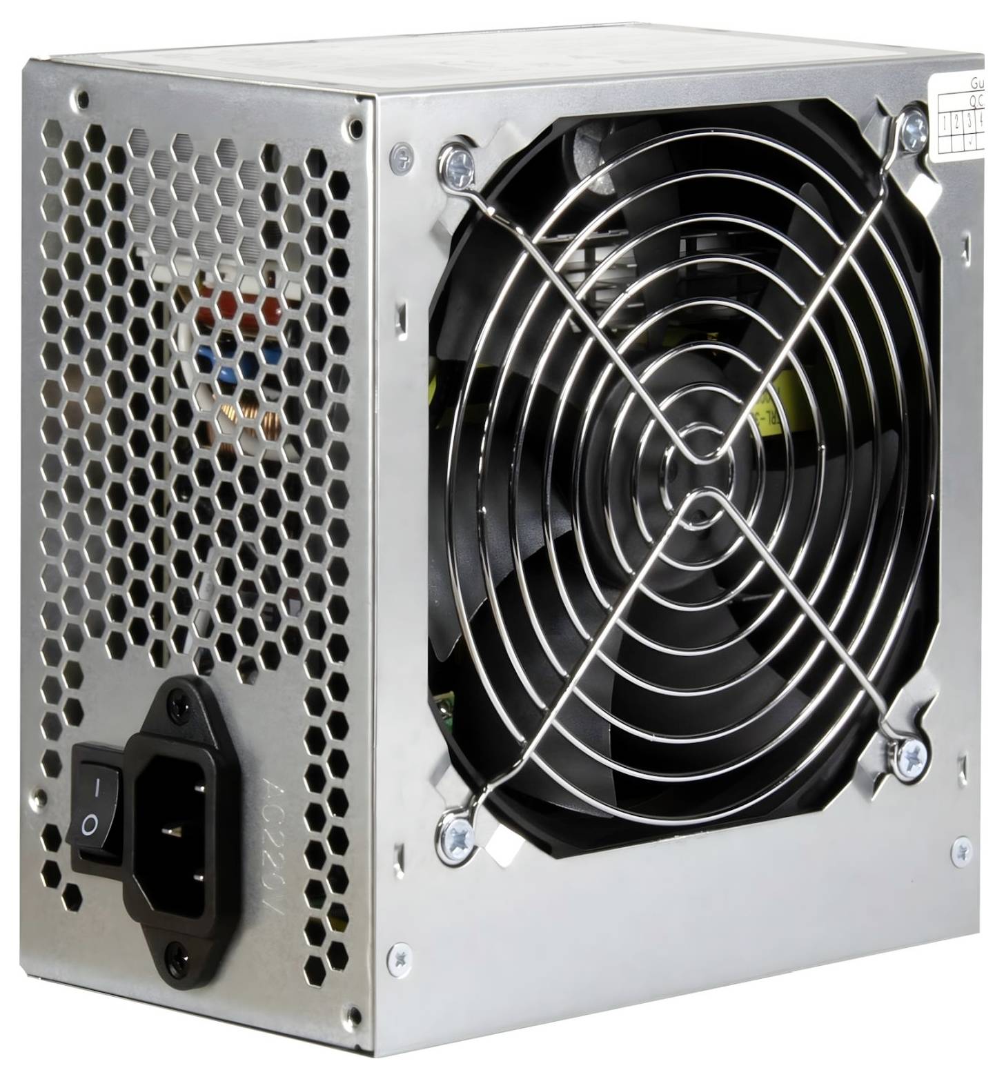 Stromversorgungsgerät für Computer mit Kühlventilator, belüftetem Metallgehäuse und Ein-/Ausschalter.