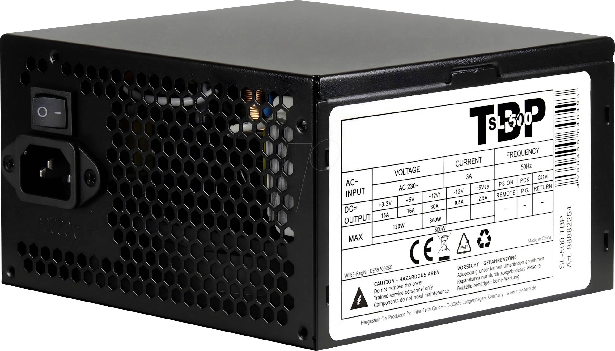 Schwarzes Computer-Netzteil mit Ein-/Ausschalter, AC-Eingangsbuchse, Kühlgitter und Seitenetikett mit technischen Spezifikationen.