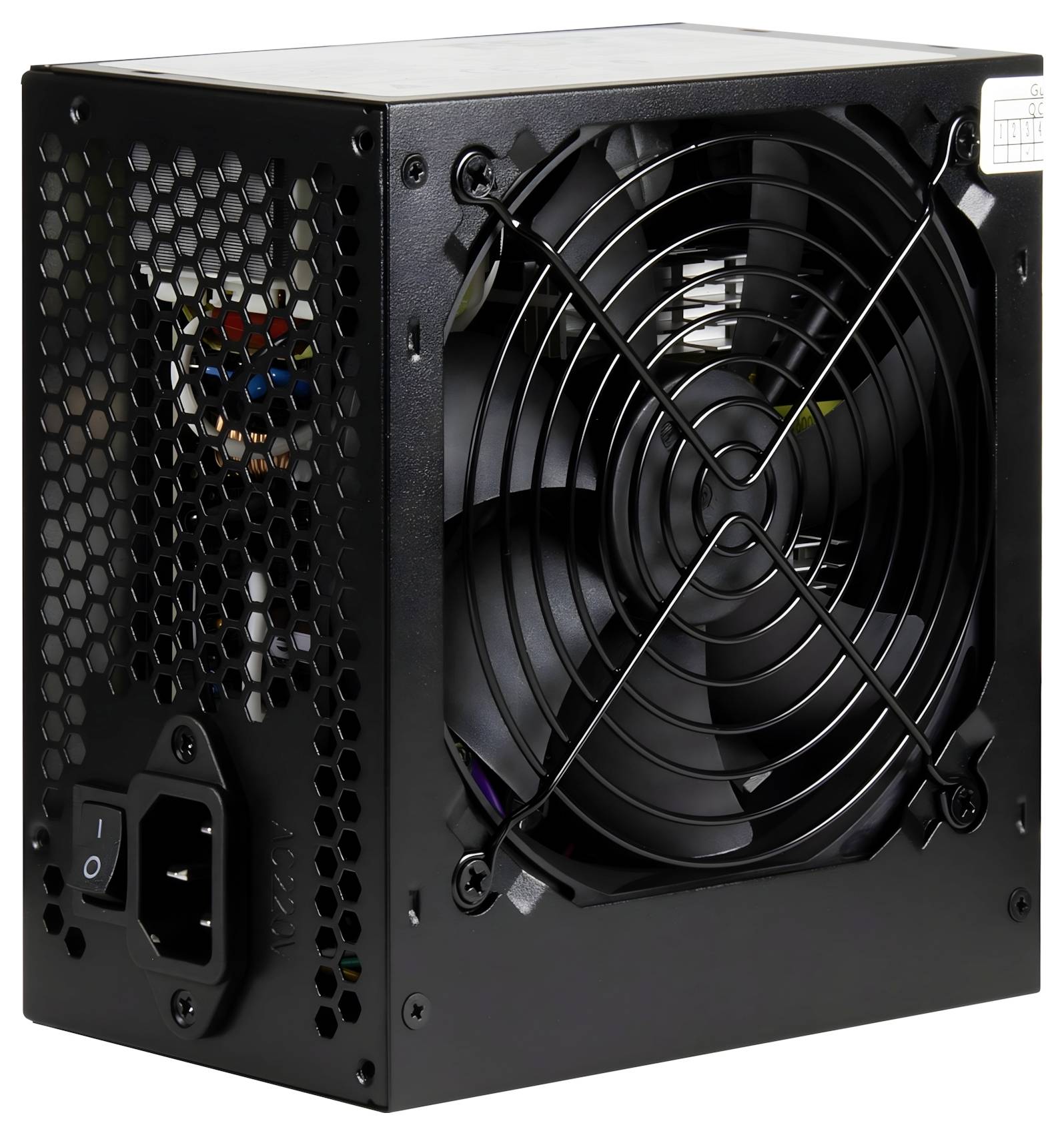 Schwarzes Computernetzteil mit großem Kühlventilator, Wabenbelüftung und Ein-/Ausschalter auf der Rückseite.