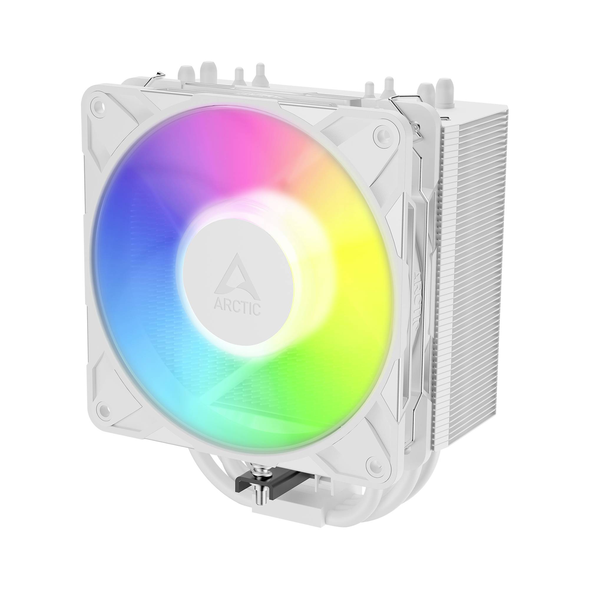 Weißer ARCTIC CPU-Kühler mit großem Regenbogen-RGB-Lüfter und Aluminium-Kühlkörper, abgebildet auf weißem Hintergrund.