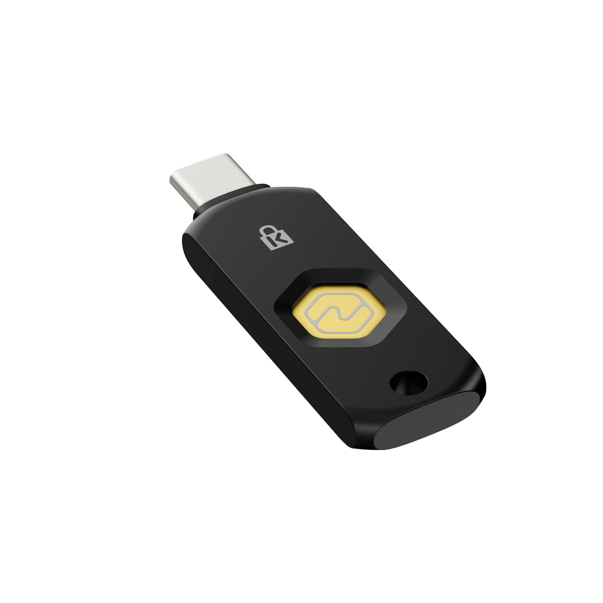 Schwarzer USB-C-Sicherheitsschlüssel mit gelbem Fingerabdruckknopf, gezeigt auf weißem Hintergrund.