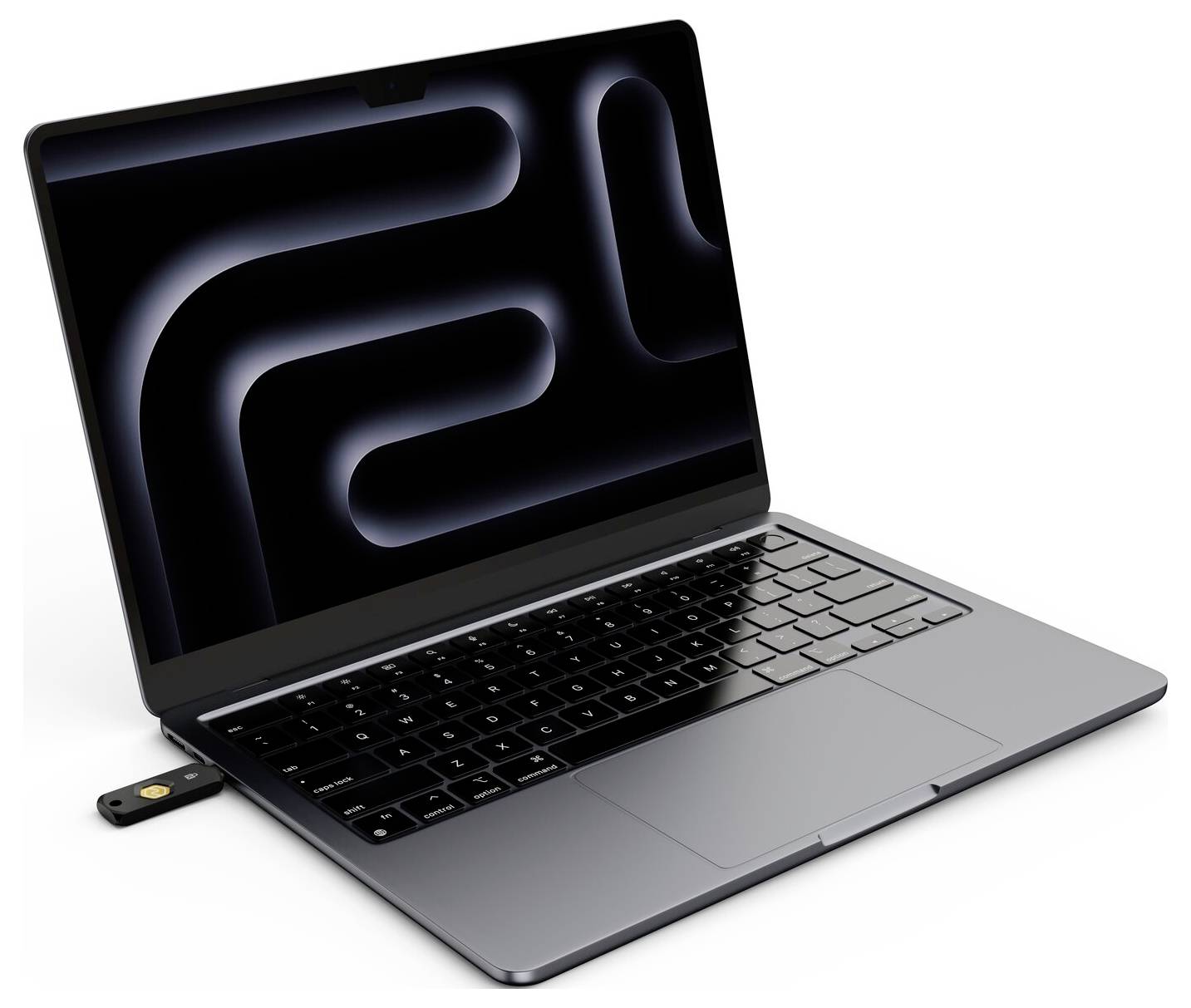 Ein Laptop mit einem USB-Stick, der in seine Seite eingesteckt ist, auf weißem Hintergrund dargestellt.