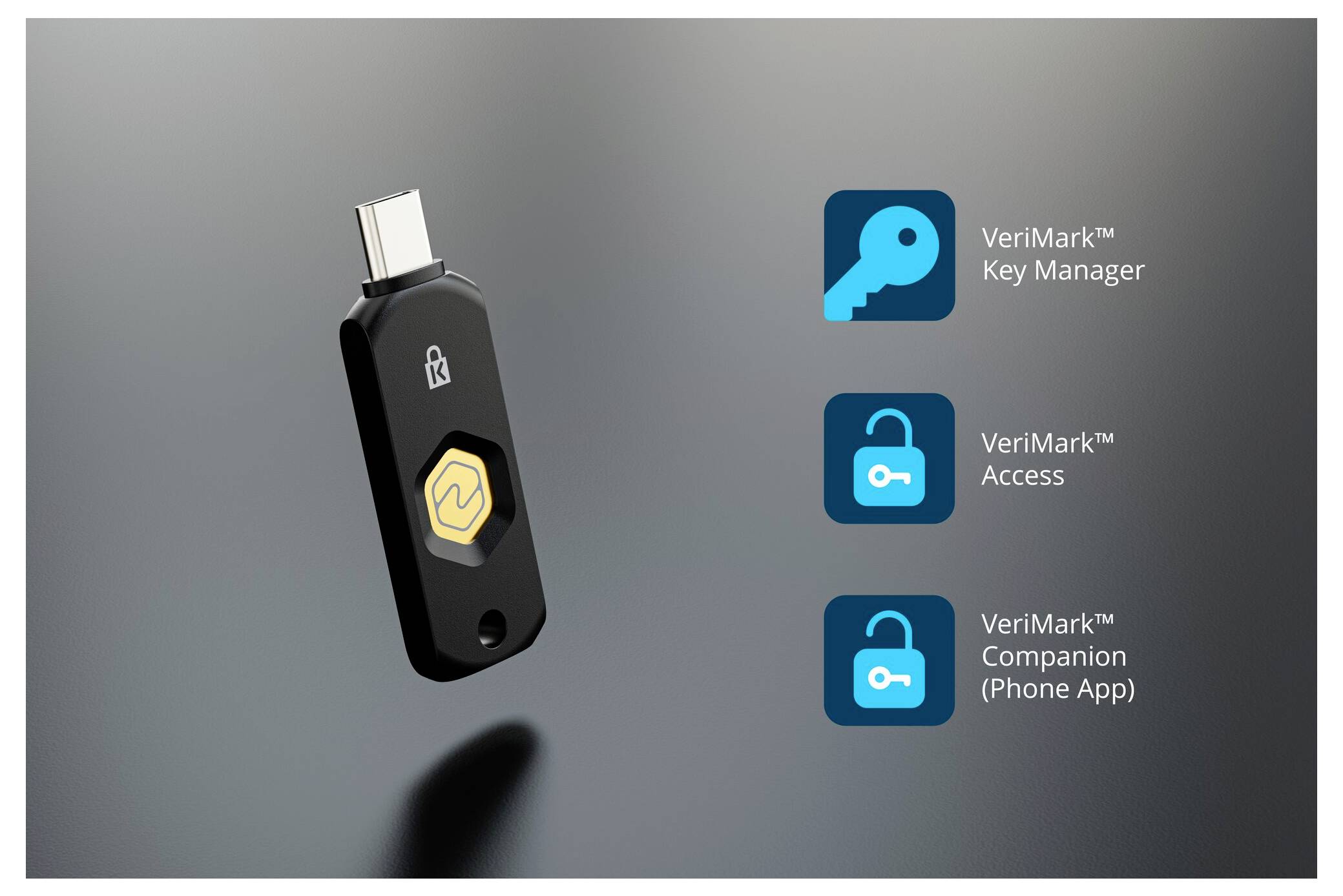 Werbegrafik eines USB-Sicherheitsschlüssels mit Logos für VeriMark Key Manager, VeriMark Access und VeriMark Companion (Phone App).