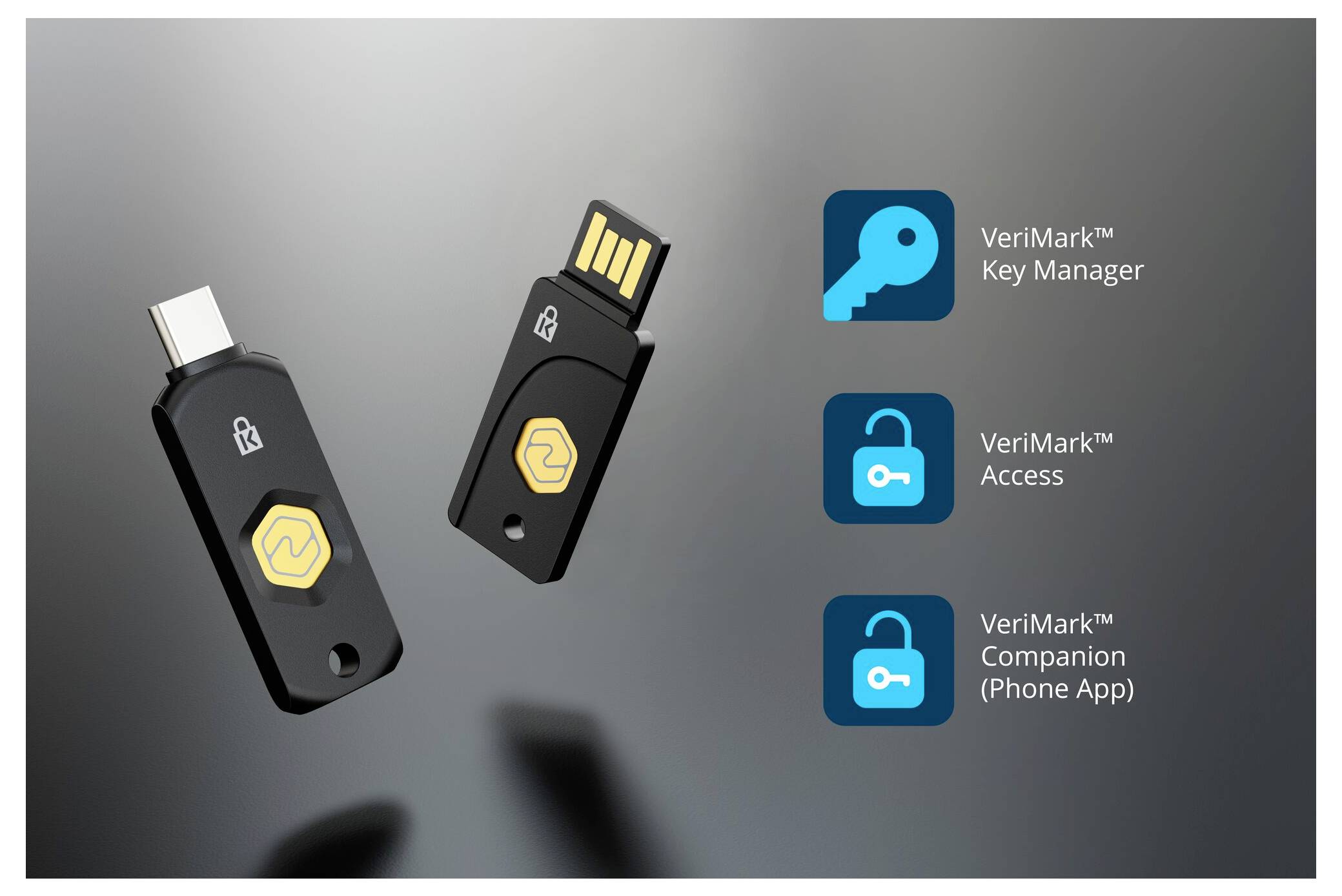 Zwei VeriMark-Sicherheitsschlüssel, einer mit USB-C und einer mit USB-A, dargestellt mit App-Symbolen mit den Bezeichnungen „VeriMark Key Manager