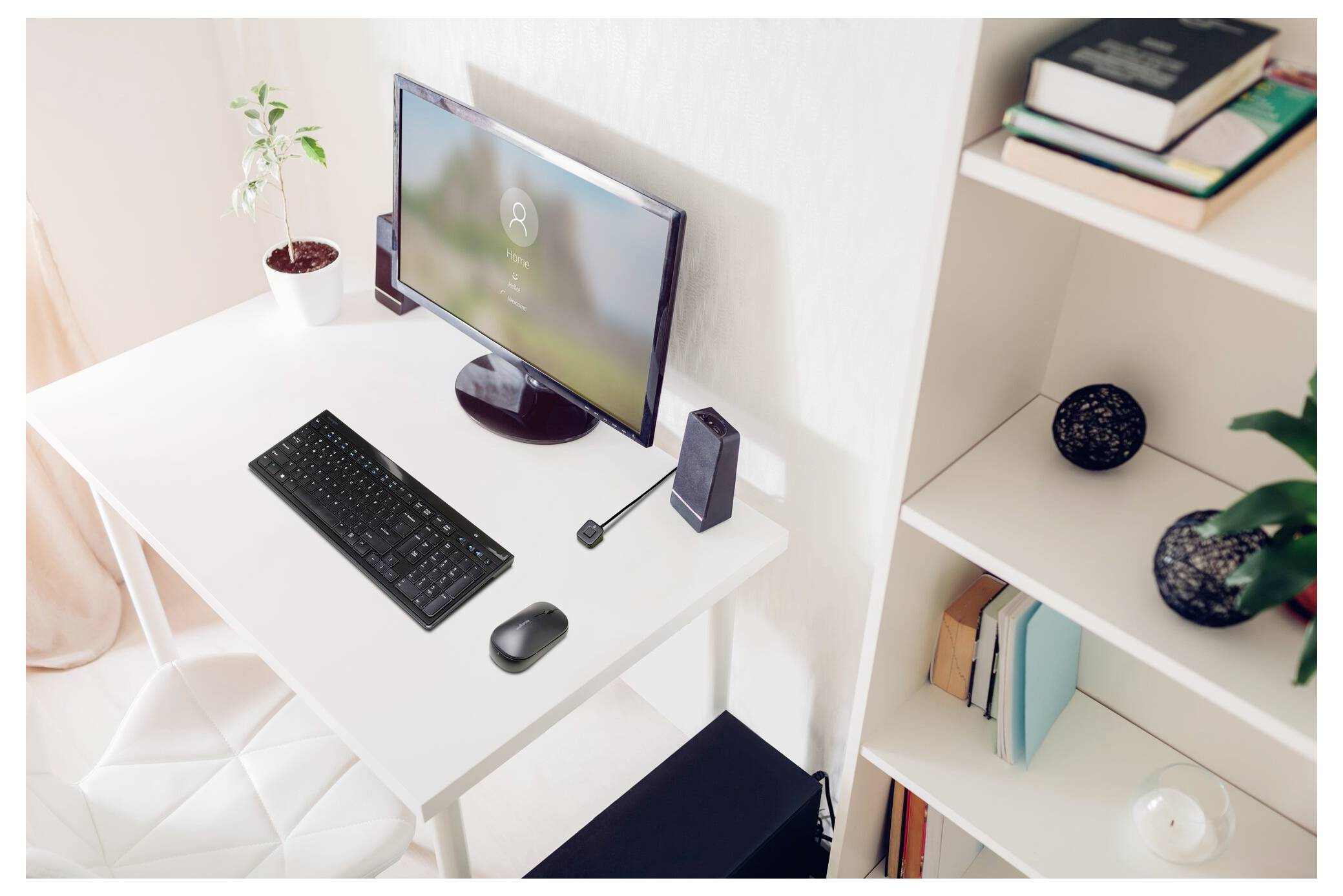 Minimalistischer Home-Office-Schreibtisch mit Computermonitor, Tastatur, Maus und Schreibtischmikrofon neben einem Bücherregal und kleinen Pflanzen.