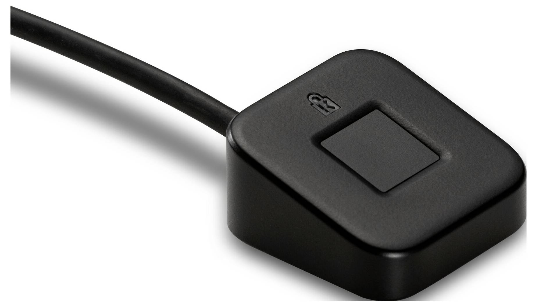 Schwarzer USB-Fingerabdruckleser mit angebrachtem Kabel und Scan-Pad auf weißem Hintergrund.