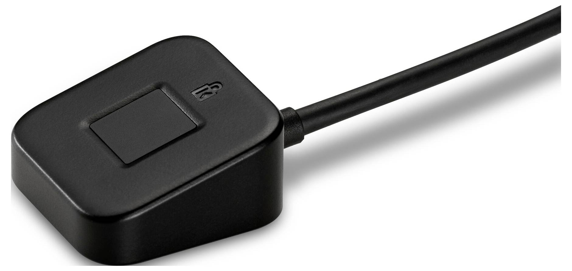 Schwarzer verkabelter USB-Fußschalter mit einem einzelnen rechteckigen Knopf auf einem einfachen weißen Hintergrund.
