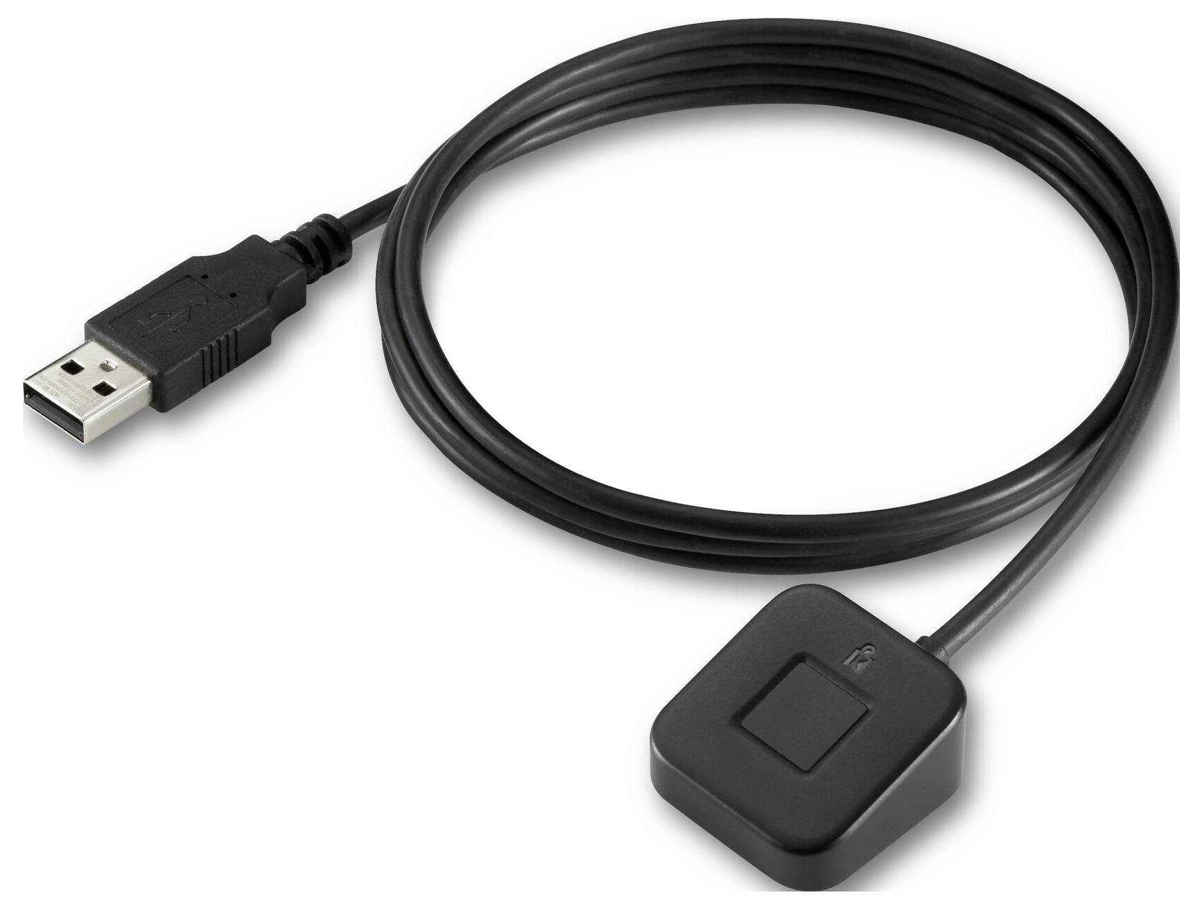 Schwarzes USB-Kabel mit einem kleinen quadratischen Inline-Schalter-/Tastenmodul und Standard-USB-A-Stecker am anderen Ende