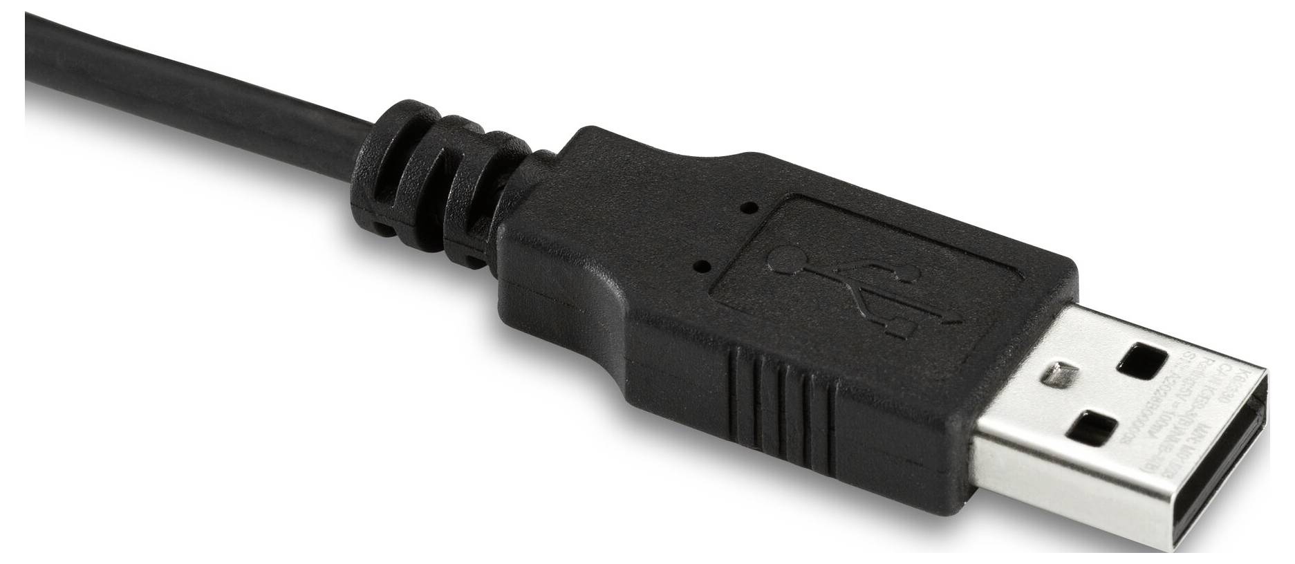 Nahaufnahme eines USB-Typ-A-Kabelsteckers mit schwarzem geformtem Stecker und Kabel auf weißem Hintergrund.