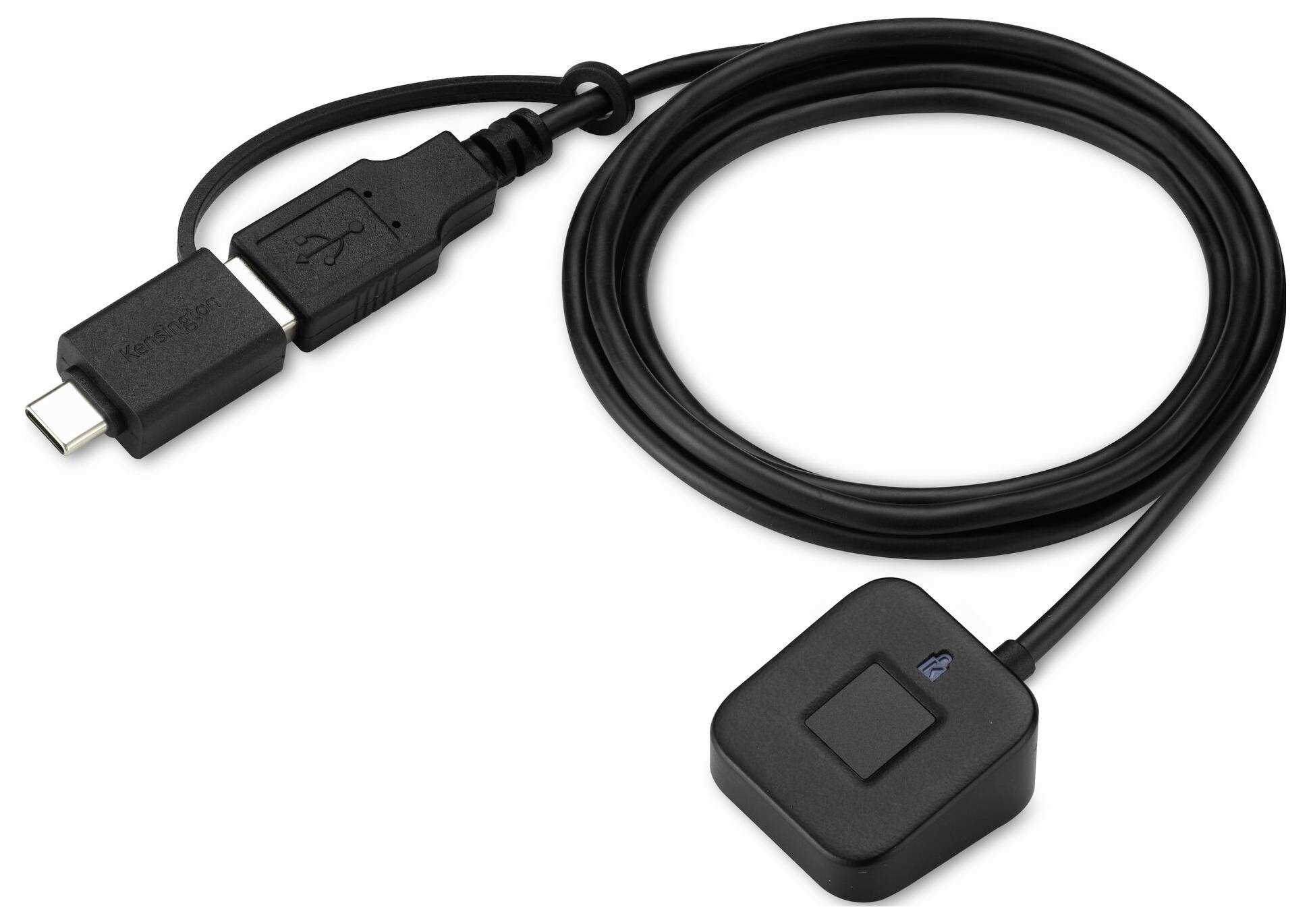 Schwarzes USB-Ladekabel mit USB-C-Stecker und kleinem quadratischem Adaptermodul auf weißem Hintergrund.