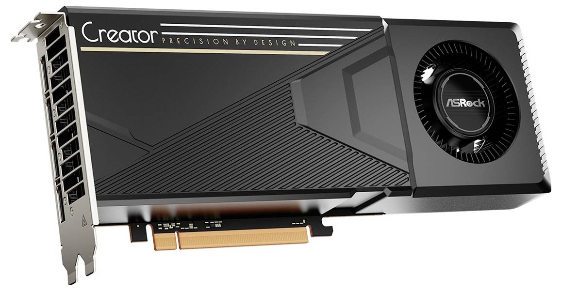 ASRock Creator Grafikkarte mit großem Kühlventilator und Metallhalterung, dargestellt auf weißem Hintergrund.