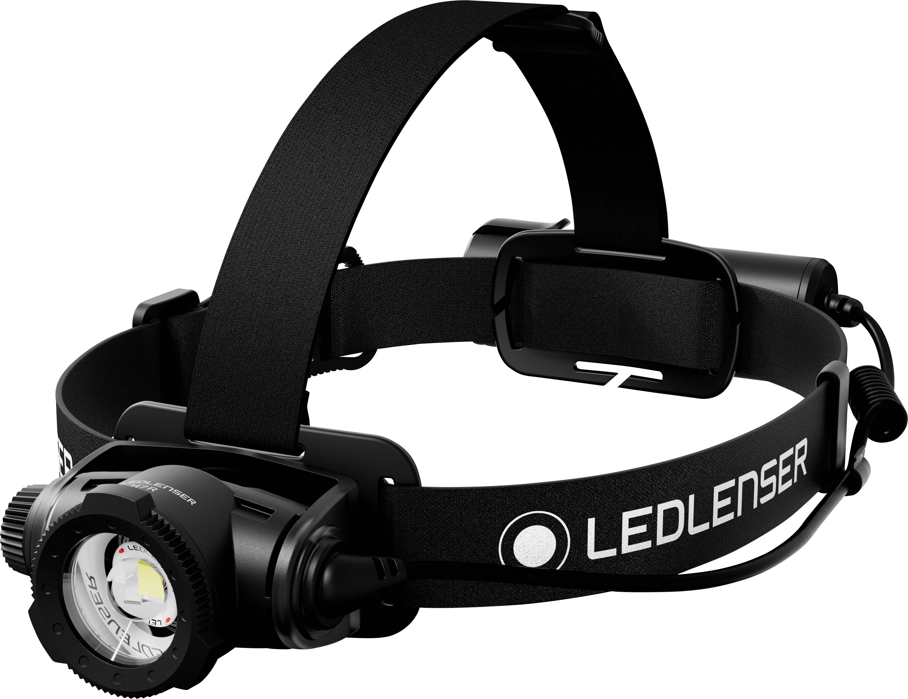 Schwarze LEDLenser-Stirnlampe mit verstellbarem elastischem Kopfband und frontseitiger LED-Leuchte, dargestellt vor weißem Hintergrund.