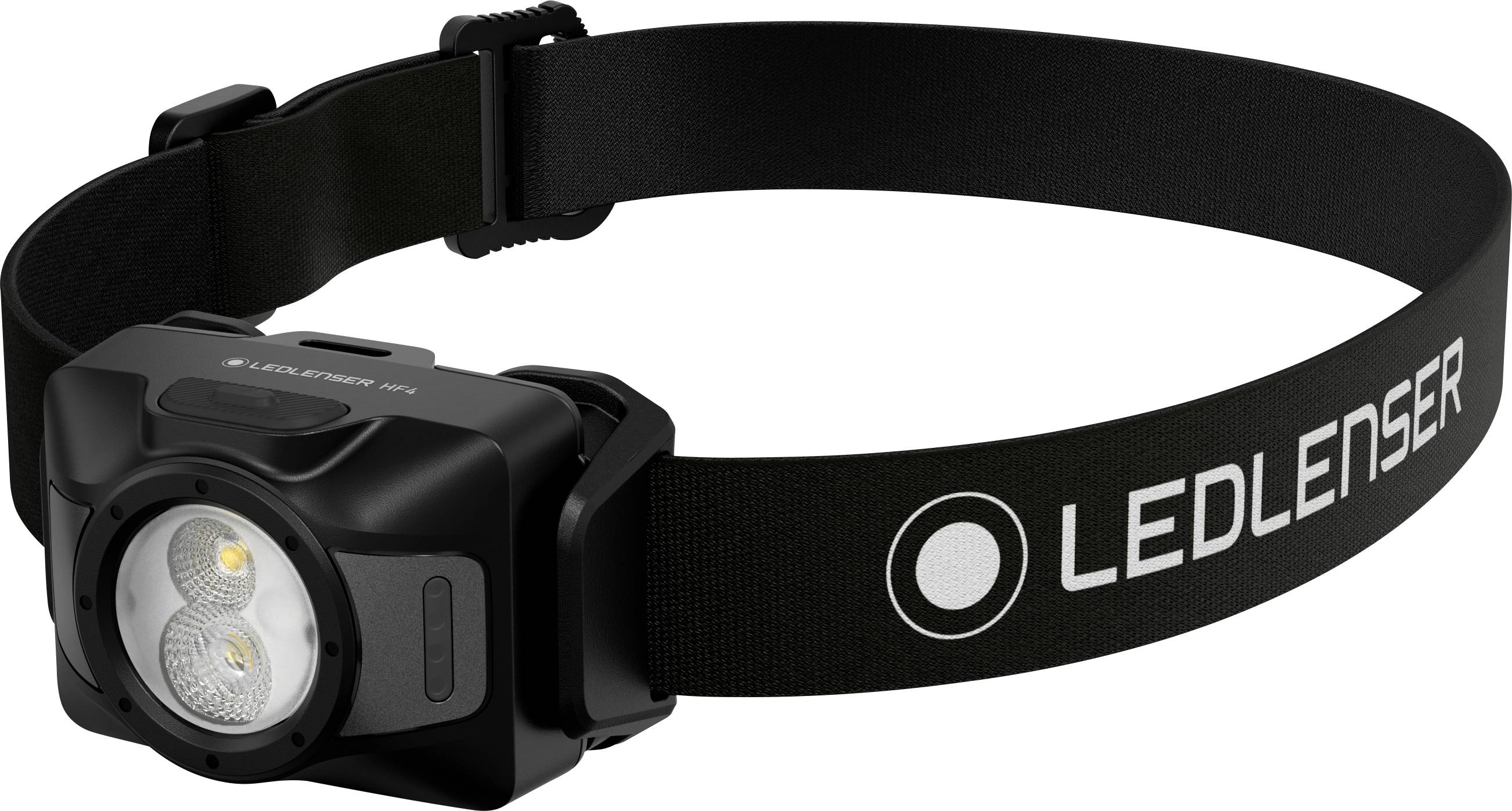 Schwarze LED Lenser Stirnlampe mit verstellbarem elastischen Kopfband, auf weißem Hintergrund dargestellt.