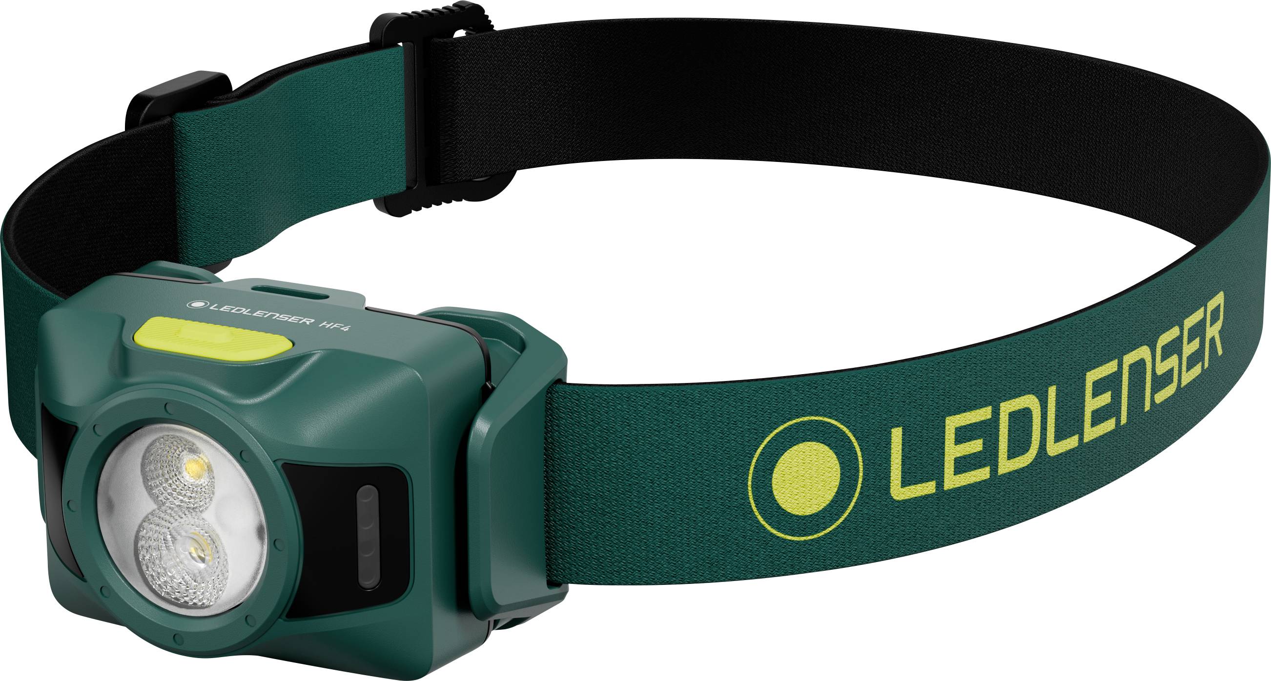 Türkisfarbene LEDLENSER-Stirnlampe mit verstellbarem schwarzgrünem Riemen und zwei vorderen LEDs, dargestellt vor weißem Hintergrund.