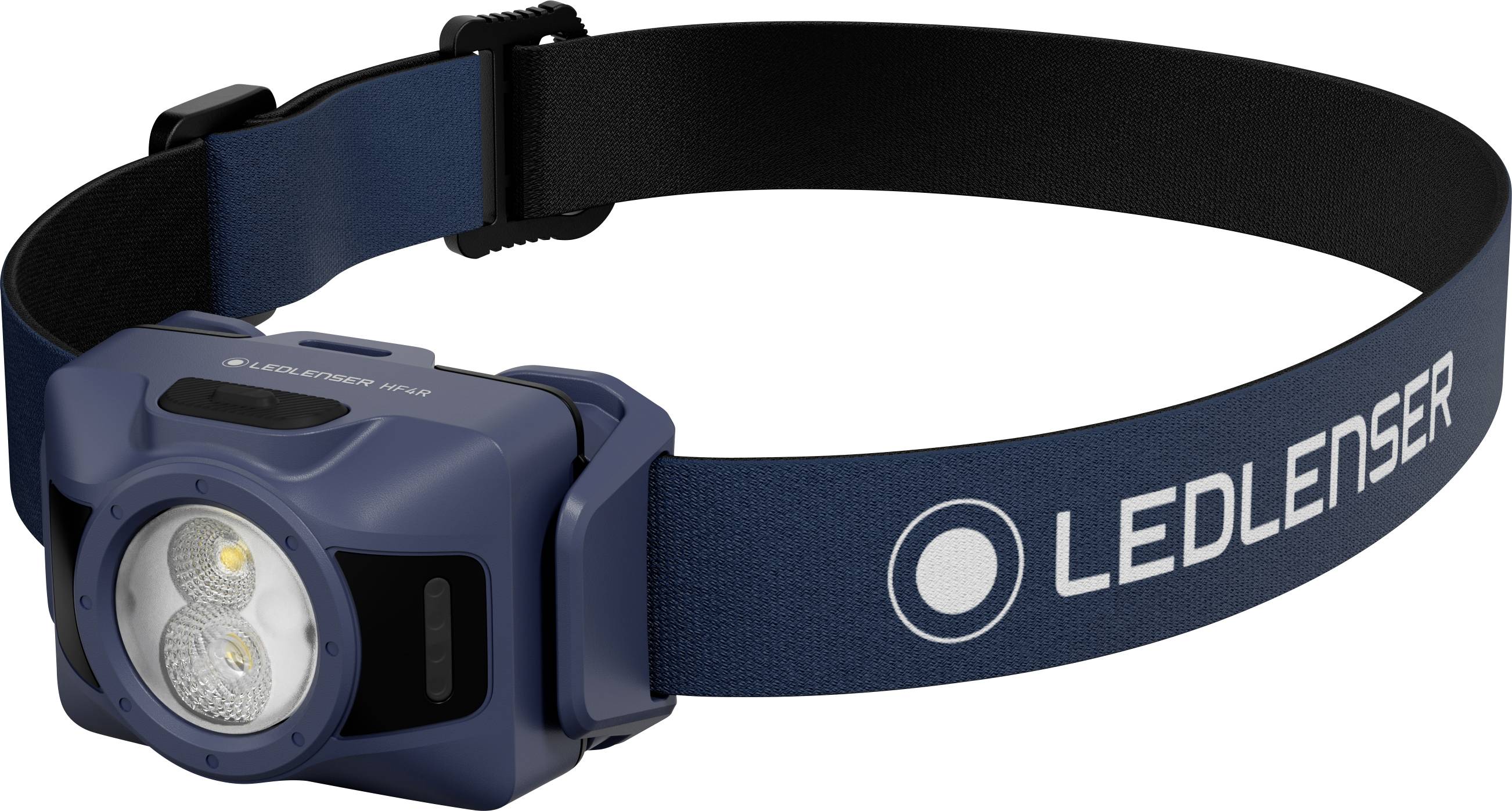 Blaue LED-Stirnlampe mit verstellbarem schwarzem Riemen, Marke 'LEDLENSER', auf weißem Hintergrund dargestellt.