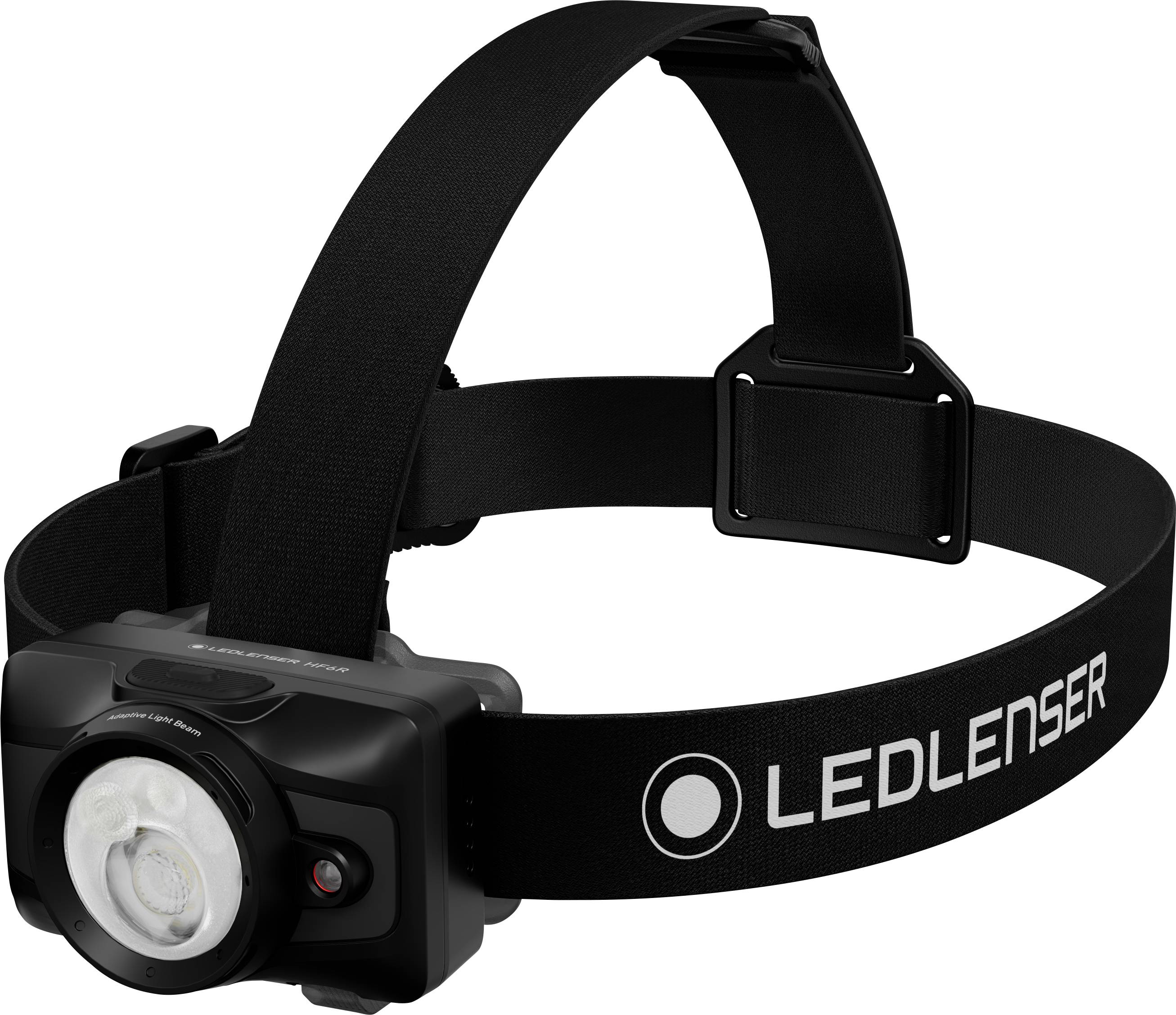 Schwarze LED Lenser Stirnlampe mit verstellbarem Kopfband und vorderer Lichteinheit, auf weißem Hintergrund dargestellt.