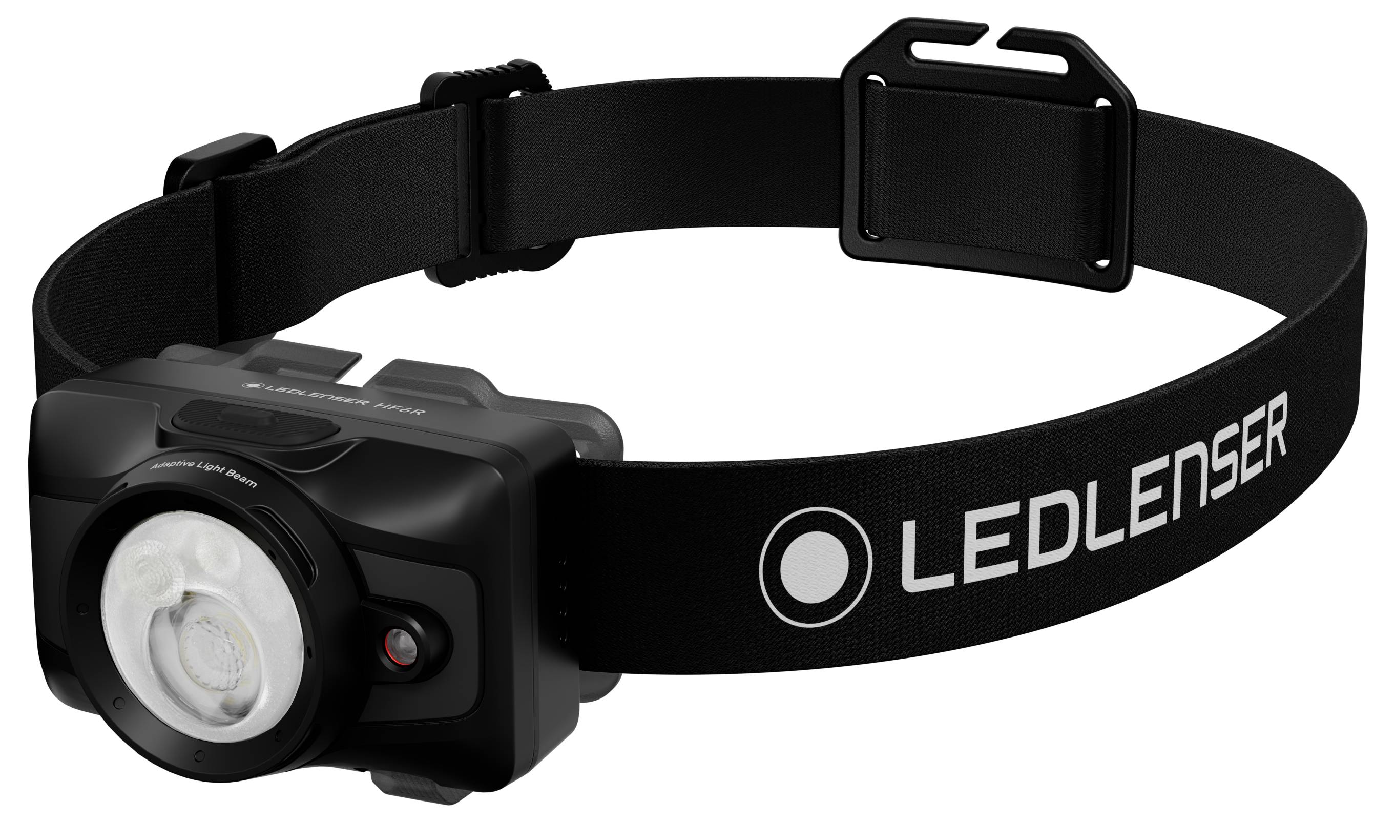 Schwarze LED Lenser Kopflampe mit verstellbarem elastischem Kopfband und Frontlicht, auf weißem Hintergrund dargestellt.