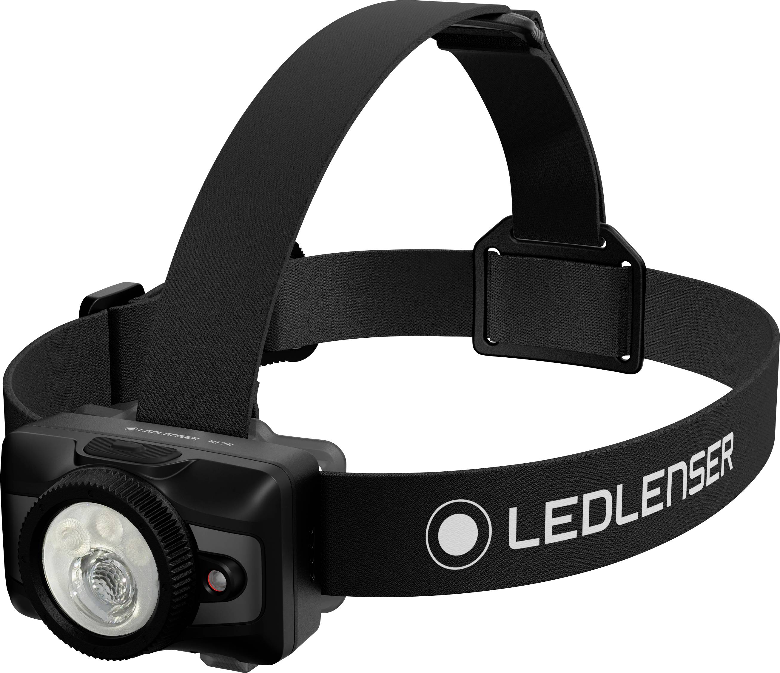 Schwarze LEDLENSER Stirnlampe mit verstellbarem Kopfband und Frontlicht, abgebildet auf weißem Hintergrund.