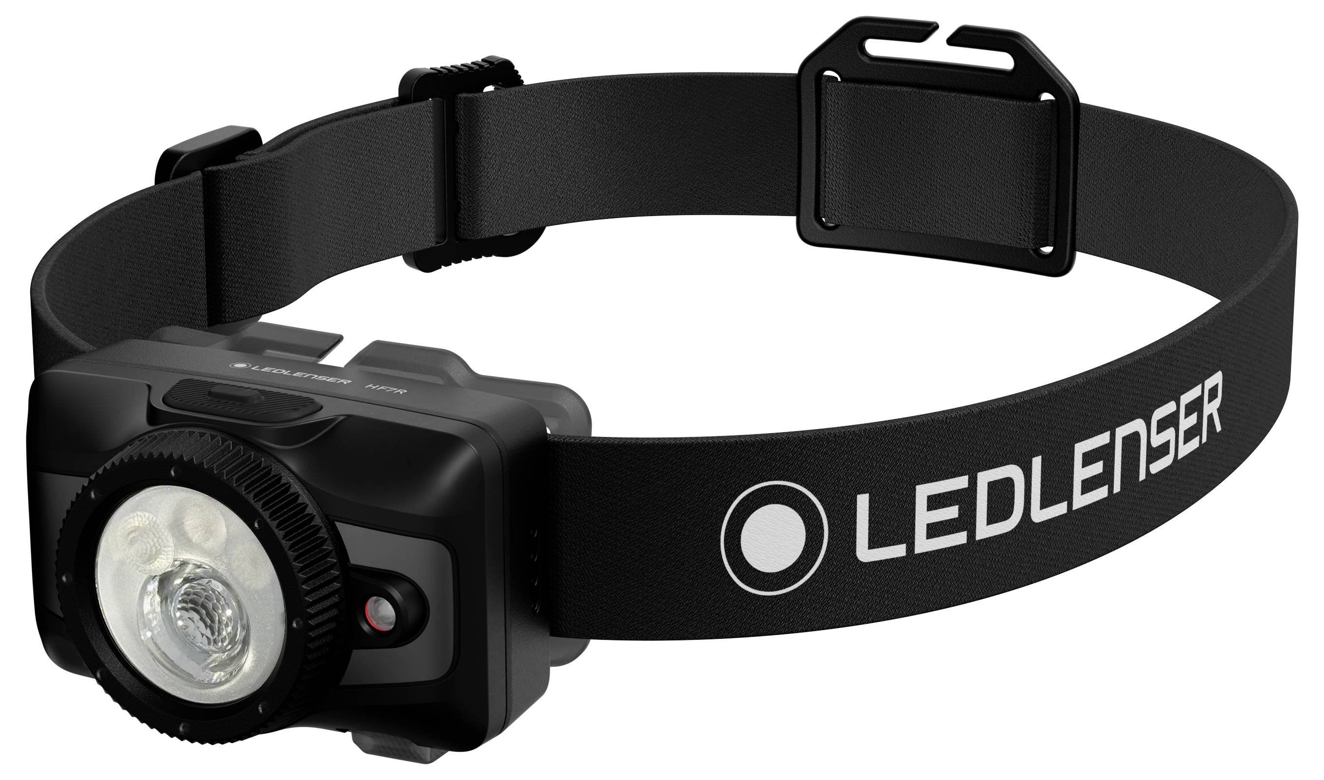 Schwarze LED Lenser Kopflampe mit verstellbarem Kopfband und vorderer Leuchteinheit, gezeigt auf weißem Hintergrund.