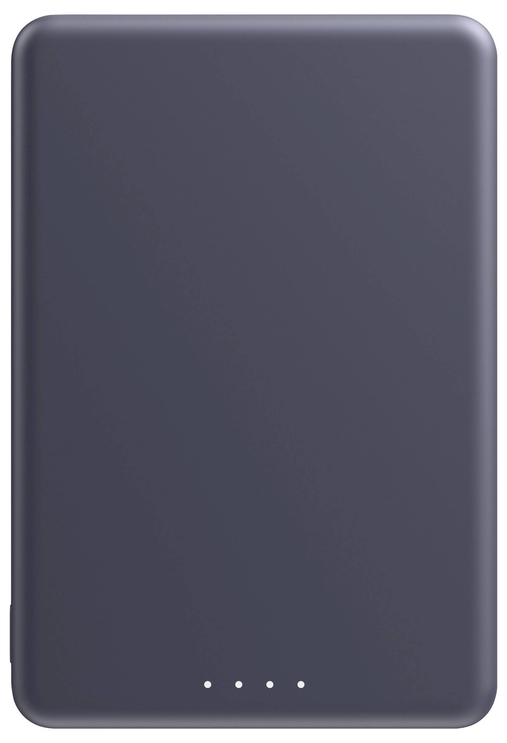 Dunkelgraues rechteckiges Gerät oder Powerbank mit abgerundeten Ecken und vier kleine weiße Anzeigelichter in der Nähe des unteren Bereichs