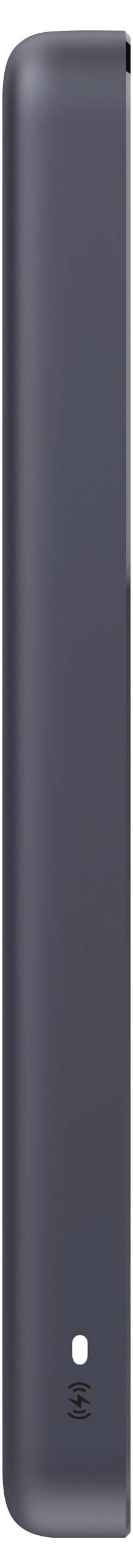 Schwarze Xiaomi 5000-mAh-Powerbank mit Magnetring und großem kabelloses Laderings und Blitzsymbol, zeigt kompakte Spezifikationen des Ladegeräts.