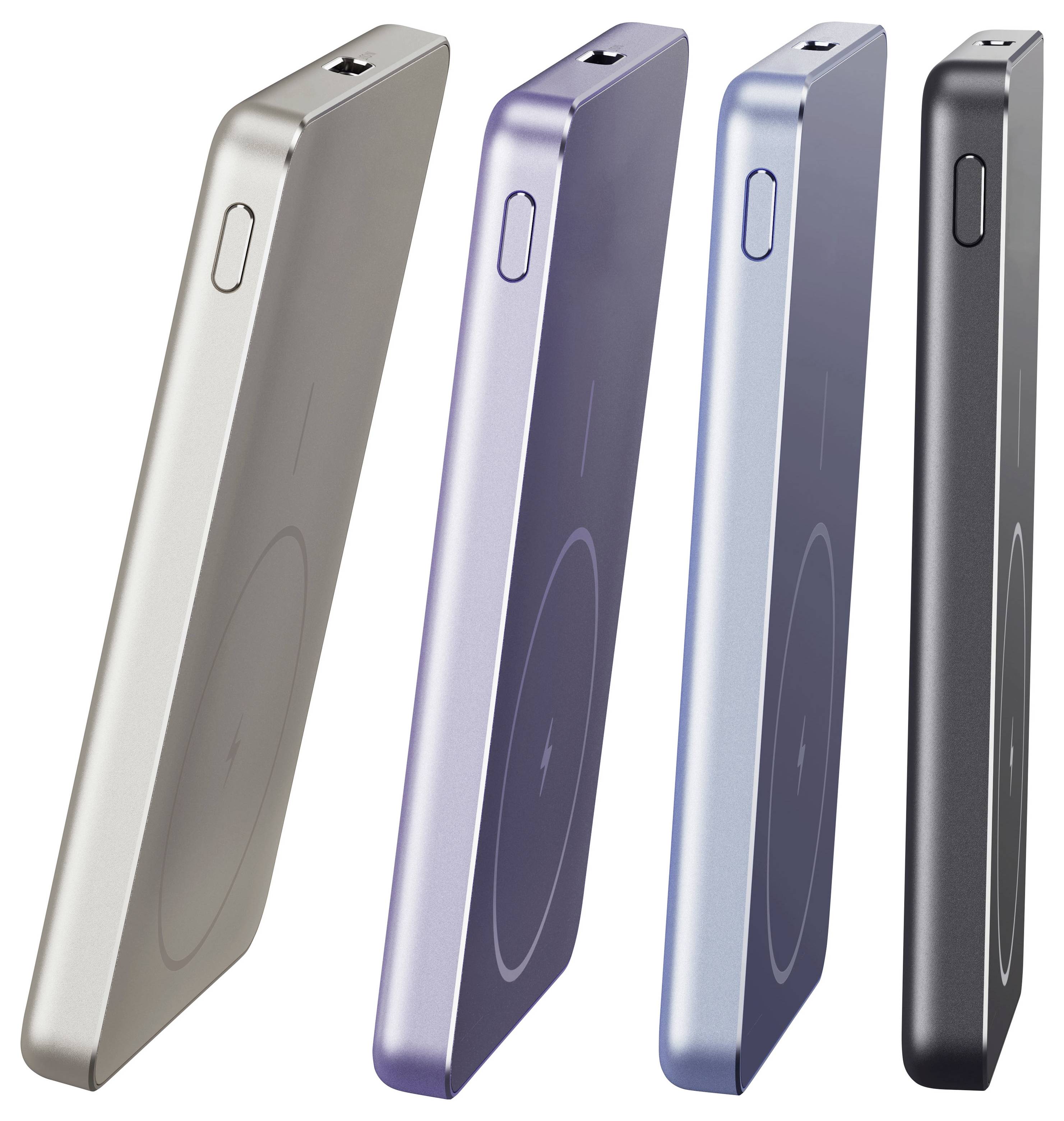 Vier schlanke kabellose Ladepowerbanks in Silber, Lila, Blau und Schwarz, angewinkelt auf weißem Hintergrund dargestellt.