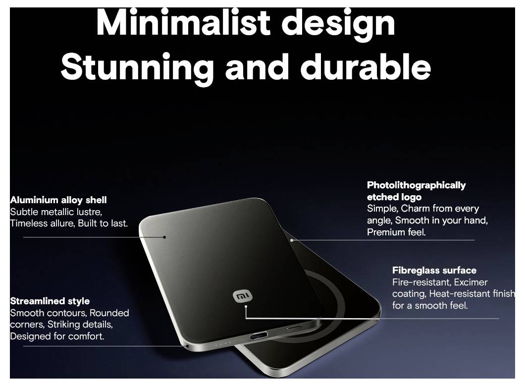 Werbegrafik mit zwei eleganten Xiaomi-Smartphones mit Beschriftungen, die die Aluminium-Legierungsschale, das fotolithografisch gravierte Logo, das stromlinienförmige Design und die Glasfaseroberfläche hervorheben.