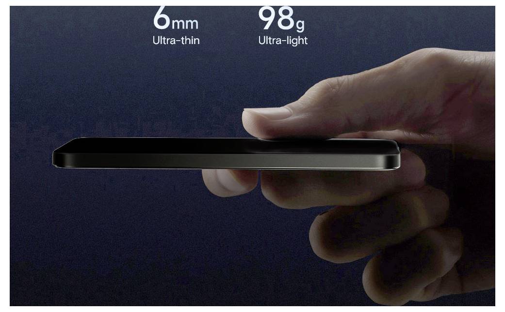 Hand, die ein ultraflaches Smartphone im Profil hält, wobei die Dicke von 6 mm und das Ultraleicht-Gewicht von 98 g hervorgehoben werden.