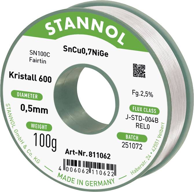 Eine Spule STANNOL Lötdraht mit der Bezeichnung Kristall 600, SnCu0.7NiGe, 0,5 mm Durchmesser, 100 g, Flussmittelklasse J-STD-004B REL0, hergestellt in Deutschland.