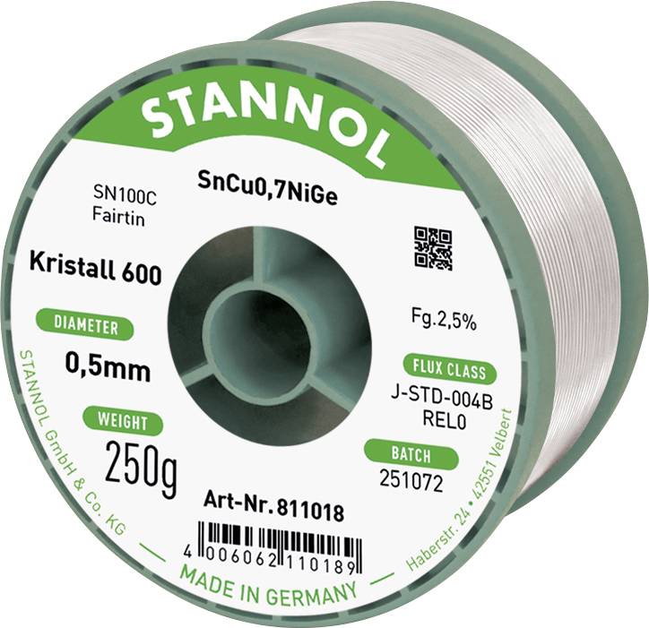 Spule aus STANNOL Kristall 600 Lötdraht mit der Bezeichnung SnCu0,7NiGe, 0,5 mm Durchmesser, 250 g, hergestellt in Deutschland.