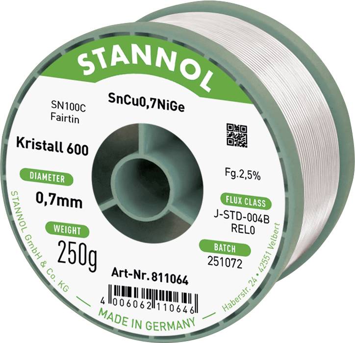 Spule Stannol Kristall 600 Lötdraht mit Bezeichnung SnCu0.7NiGe, Durchmesser 0,7 mm, Gewicht 250 g, hergestellt in Deutschland.
