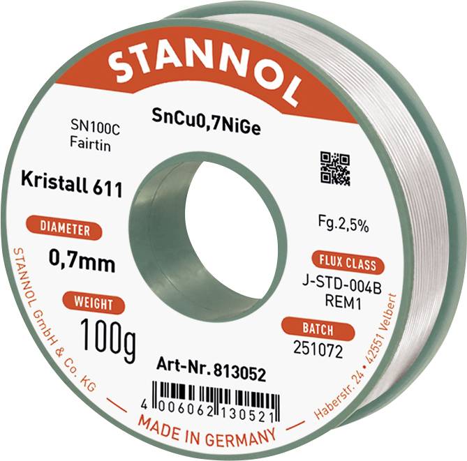 Eine Spule Stannol Kristall 611 Lötdraht mit der Bezeichnung SN100C, 0,7 mm Durchmesser, 100 g Gewicht und 'MADE IN GERMANY'.