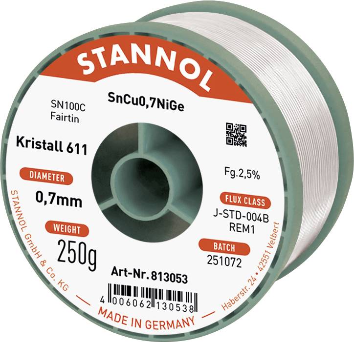 Spule Stannol Kristall 611 Lötzinn-Etiketten mit 0,7 mm Durchmesser, 250 g Gewicht, SnCu0,7NiGe-Legierung, hergestellt in Deutschland.