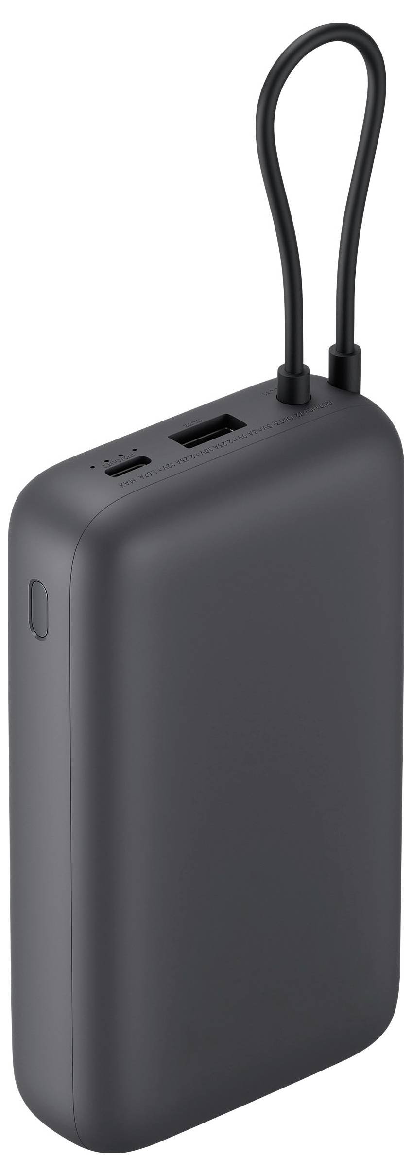 Schwarze tragbare Powerbank mit integrierter Schlaufenöse und zwei Ladeanschlüssen oben
