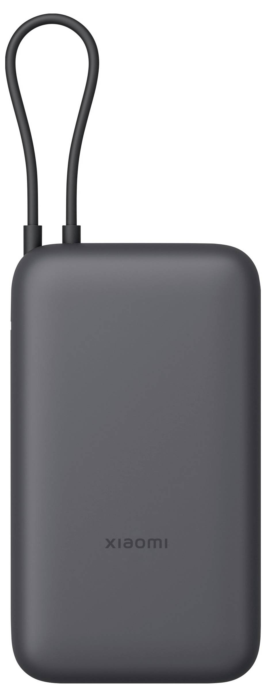 Graue Xiaomi-Powerbank mit kurzem angebrachtem Kabel auf weißem Hintergrund.
